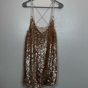 Free People Rose Gold Sequin Mini Dress Spaghetti Strap Size Medium